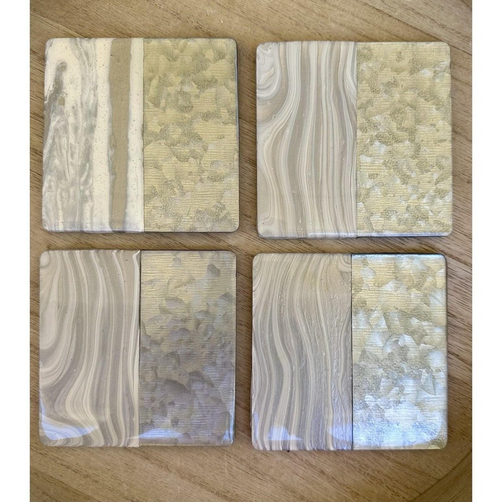 Acrylic Fluid Art Wooden Resin 4" Cork Backed Coasters Silver White Mother's Day